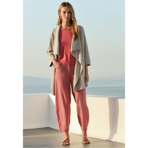 Poetry Linen Cotton Crinkle Tapered Front-Seam Cropped Trousers Pink Coral US 6 - Picture 1 of 7